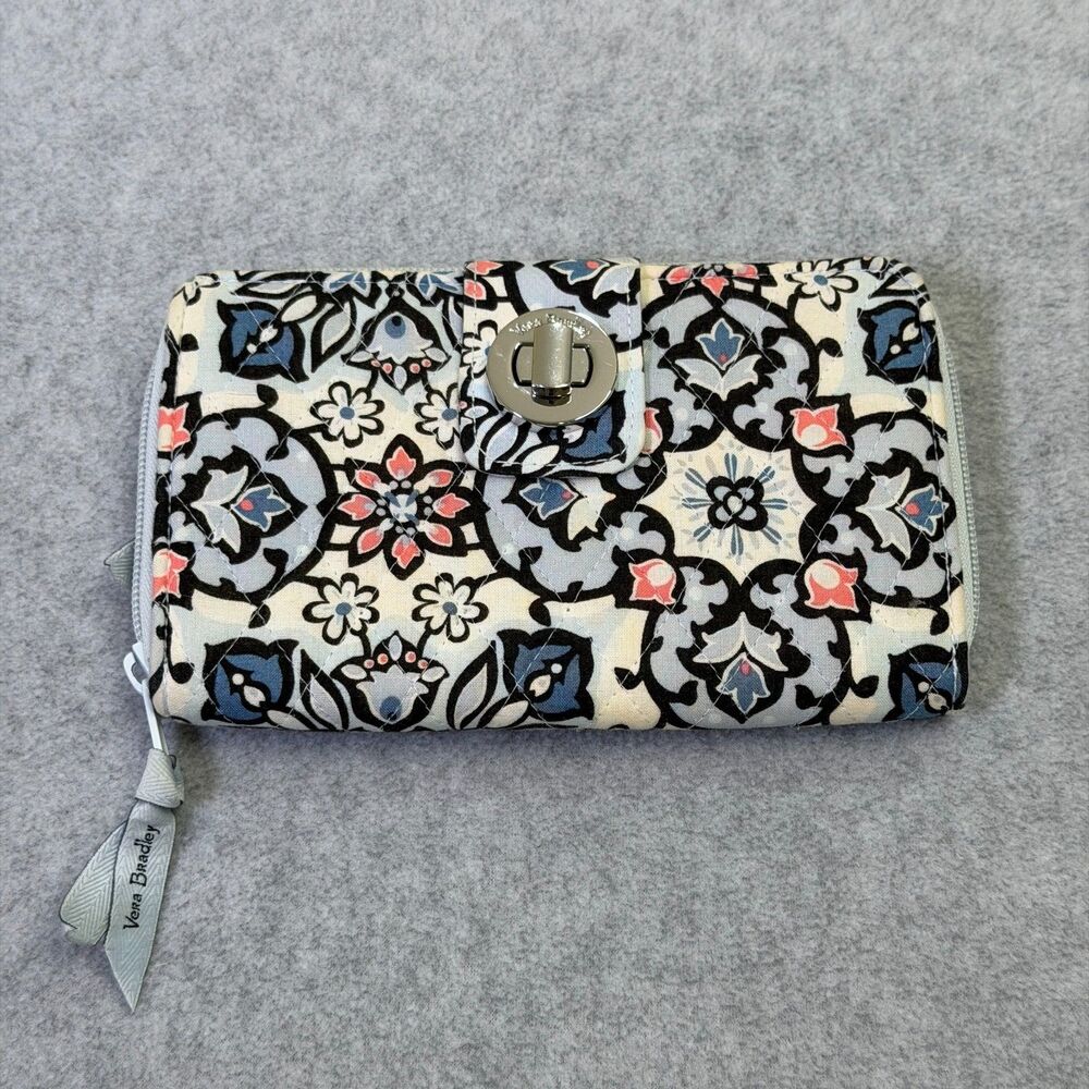 Vera Bradley Lisbon Floral  Medallion Light Blue Turnlock RFID Wallet